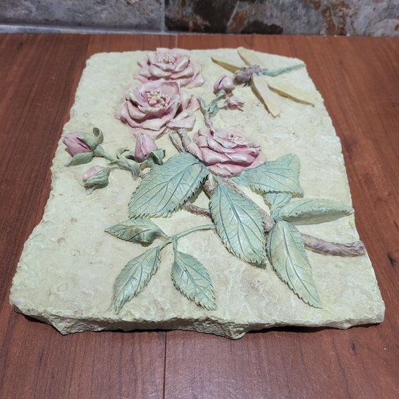 Botanical Clay Flower Dragonfly Art Wall Sculpture Plaster Cream Tile - Picture 7 of 14
